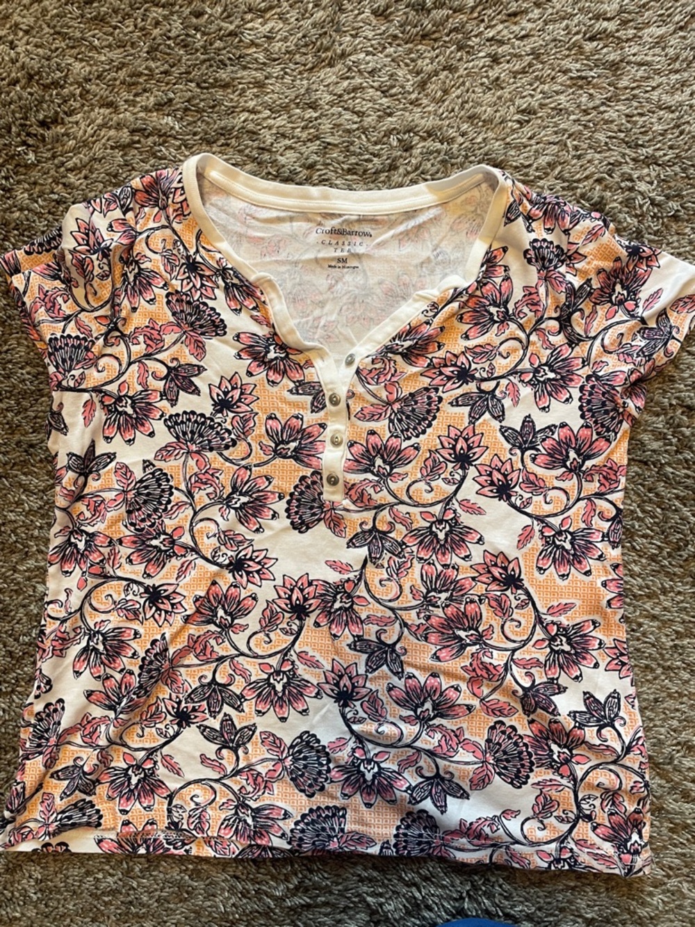 croft & barrow Cream Short-Sleeve Floral Henley Tee with Pink Accents